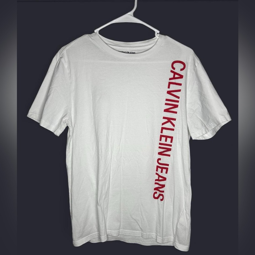 Calvin Klein Jeans White Tee with Vertical Red Logo